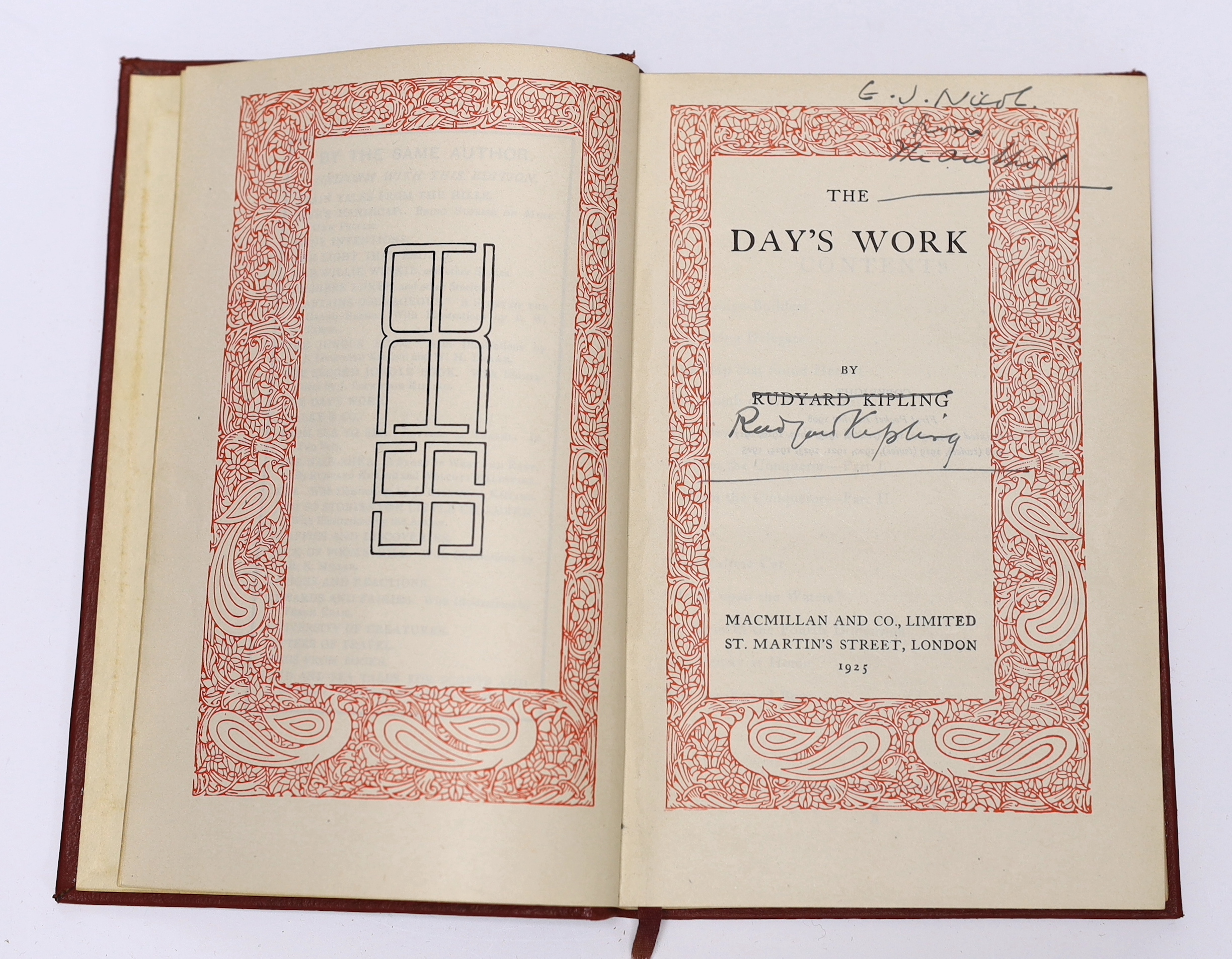 Kipling, Rudyard - The Day's Work. Pocket Edition, inscribed by author on title: 'G.J. Nicol./from/The author' at head; with author's printed name crossed through and Kipling's signature in centre. publisher's gilt decor